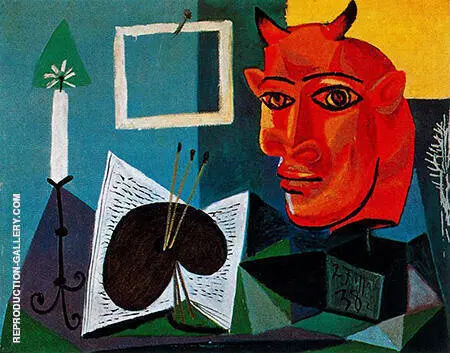 Still Life with Candle Palette and Red Head of Minotaur 1938 By Pablo Picasso