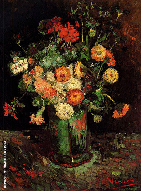 Vase with Zinnias and Geraniums | Oil Painting Reproduction
