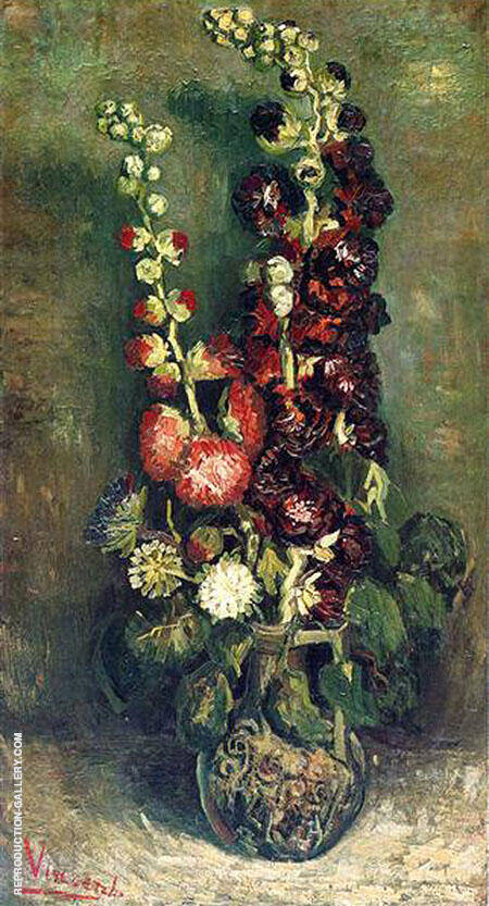 Vase with Hollyhocks by Vincent van Gogh | Oil Painting Reproduction