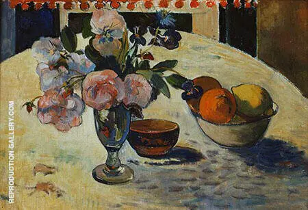 Flowers and a Bowl of Fruit on a Table By Paul Gauguin