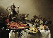 Still Life with Silverware and Lobster By Pieter Claesz