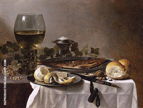 Still Life with Wine Glass Herring and Bread 1647 | Oil Painting Reproduction