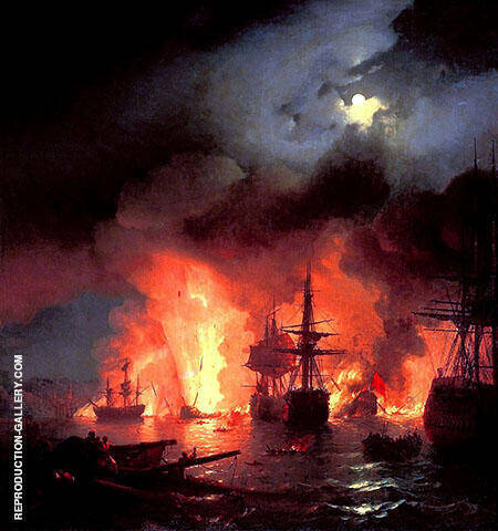 Battle of Cesme at Night 1856 | Oil Painting Reproduction
