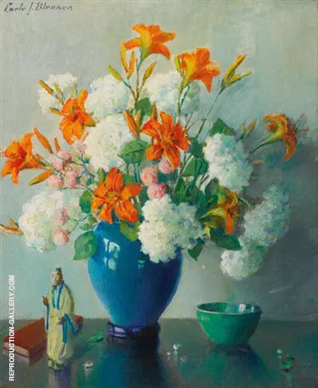 Still Life with Vase of Flowers on a Table By Carle John Blenner