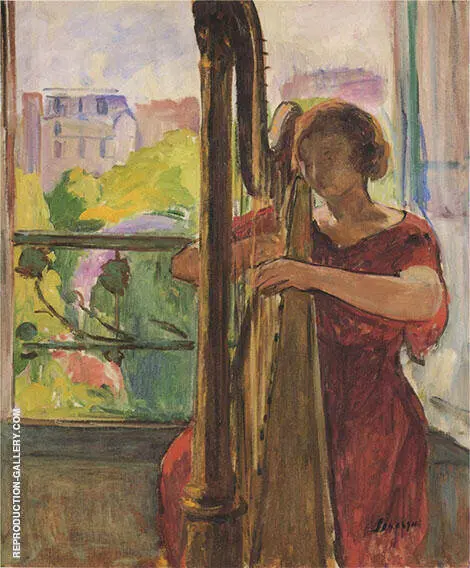 A Girl Playing a Harp By Henri Lebasque
