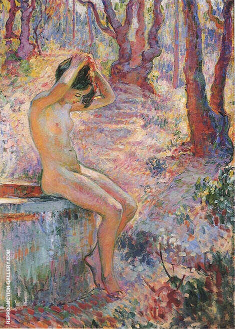 Young Girl By Fountain by Henri Lebasque | Oil Painting Reproduction