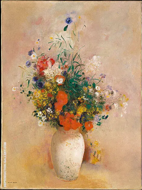 Vase of Flowers Pink Background By Odilon Redon