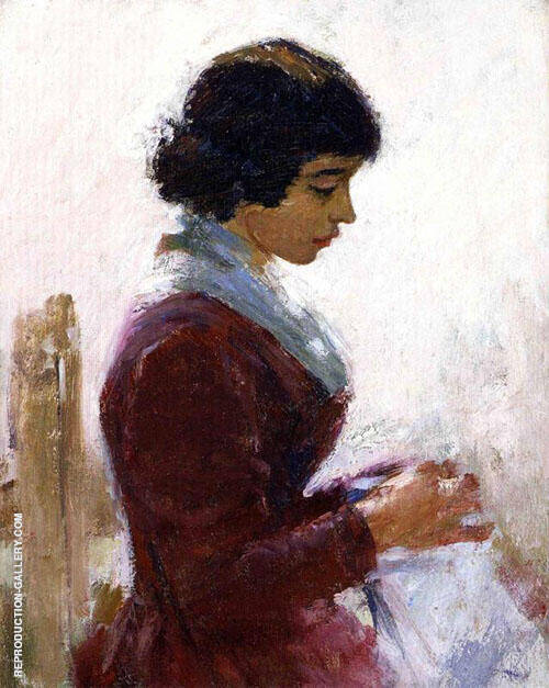 Girl in Red Sewing by Theodore Robinson | Oil Painting Reproduction