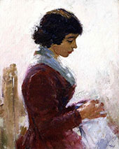 Girl in Red Sewing By Theodore Robinson