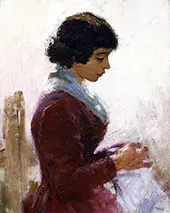 Girl in Red Sewing By Theodore Robinson