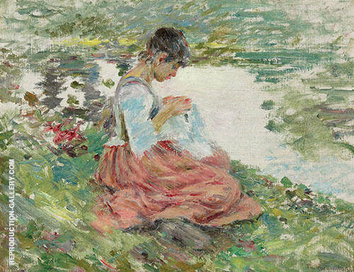 Girl Sewing by River 1891 by Theodore Robinson | Oil Painting Reproduction