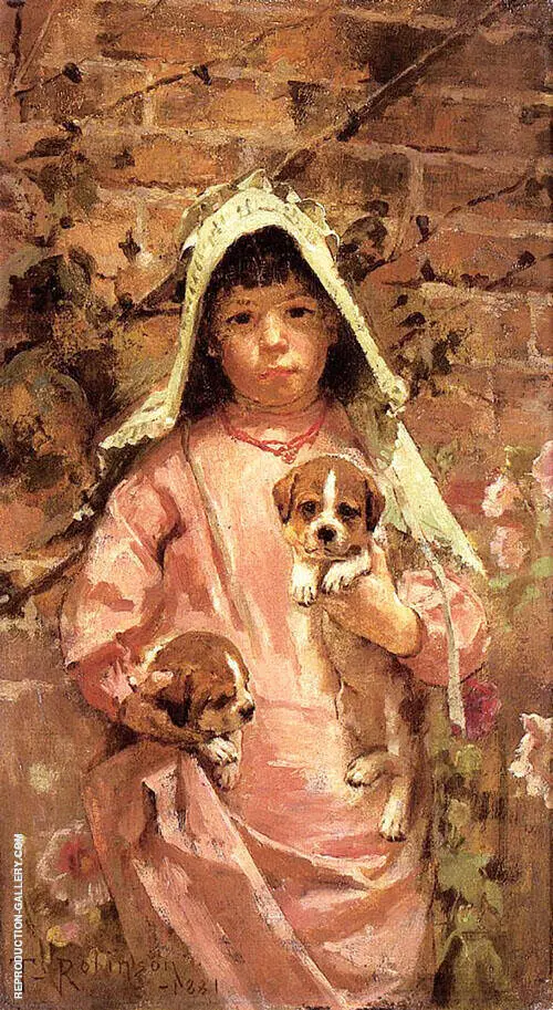 Girl with Puppies 1881 By Theodore Robinson