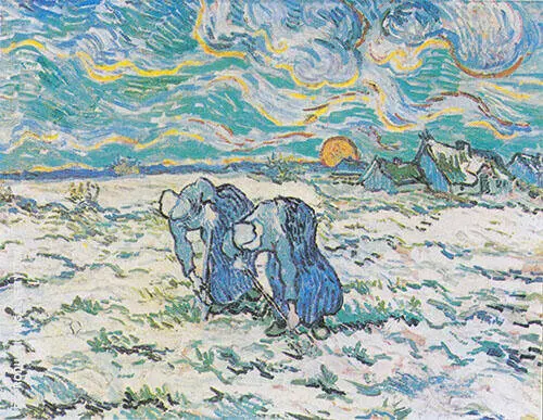 Two Peasant Woman Digging in a Snow Covered Field at Sunset 1890 By Vincent van Gogh