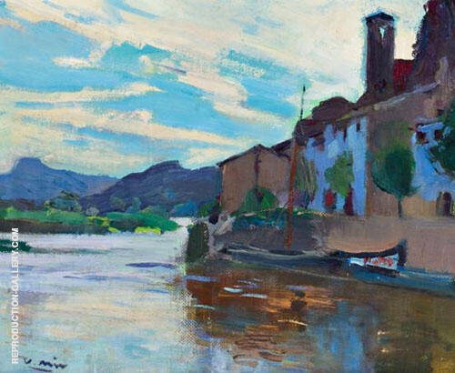Village at The Ebro by Joaquin Mir Trinxet | Oil Painting Reproduction