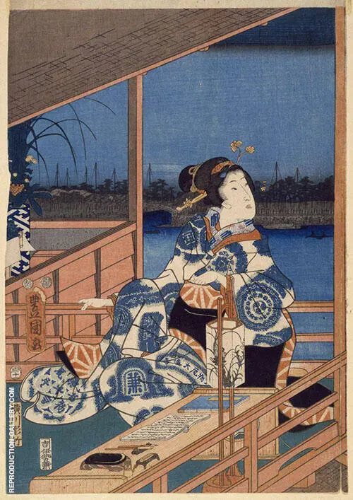 View of Tsukuda with Lady on a Balcony By Hiroshige