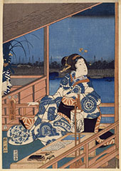 View of Tsukuda with Lady on a Balcony By Hiroshige