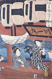Enjoying the Fireworks and the Cool of the Evening at Royogoku Bridge By Hiroshige