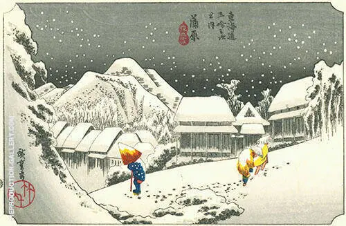 A Snowy Evening at Kambara Station By Hiroshige