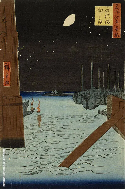 Moon over Ships Moored at Tsuduka Island from Eitai Bridge By Hiroshige