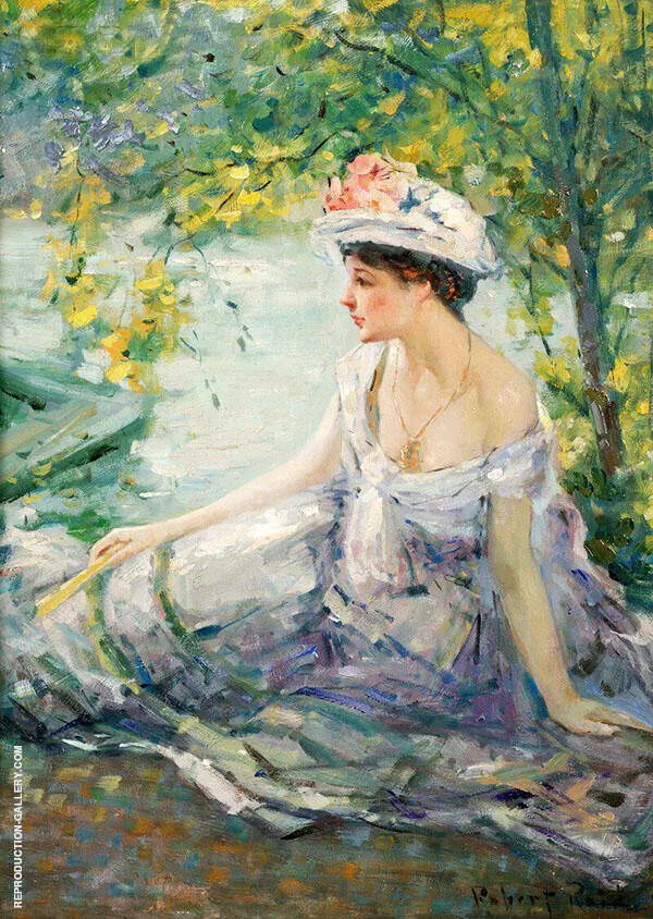 Summer Reverie Young Woman at Ease on a Riverbank By Robert Lewis Reid