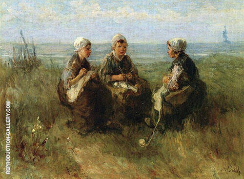 Three Women Knitting by The Sea | Oil Painting Reproduction