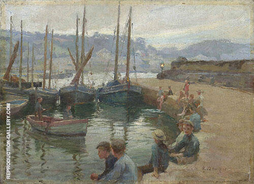 Boys on The Harbour Wall by Harold Harvey | Oil Painting Reproduction