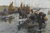 Unloading The Boats Newlyn Harbour By Harold Harvey