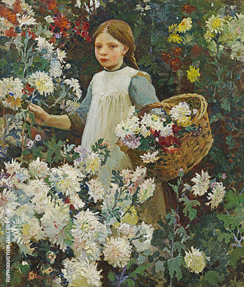 Picking Chrysanthemums by Harold Harvey | Oil Painting Reproduction