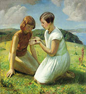 Two Young Girls with a Butterfly 1929 By Harold Harvey