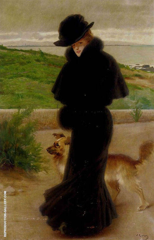 An Elegant Lady With Her Faithful Companion By The Beach | Oil Painting Reproduction