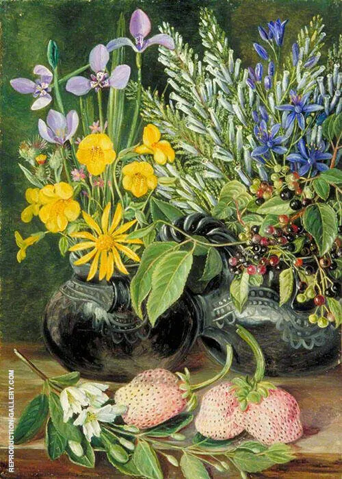 Chilean Flowers in Twin Mate Pot and Chili and Strawberries 1880 By Marianne North