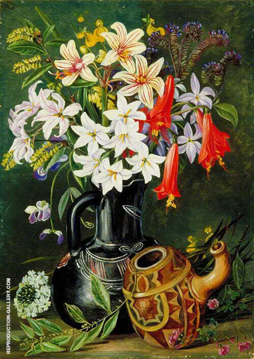 Chilian Lilies and Other Flowers in Black Jug and Ornamented Gourd for Mate 1880 By Marianne North