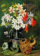 Chilian Lilies and Other Flowers in Black Jug and Ornamented Gourd for Mate 1880 By Marianne North