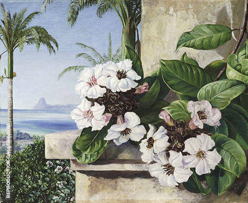 Foliage and Flowers of a Climbing Plant with Royal Palms and Sugarloaf Mountain in The Background Brazil | Oil Painting Reproduction