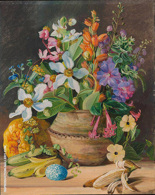 Group of Wild Meadow Flowers of Brazil Golden Banana and Euembas Crotophaga Major Egg 1880 | Oil Painting Reproduction