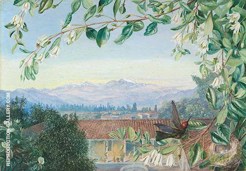 The Permanent Snows from Santiago Patagua in front with Hummingbird and Nest 1880 By Marianne North