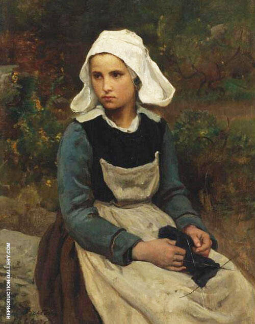 Young Brittany Girl Knitting by Jules Breton | Oil Painting Reproduction