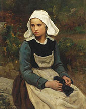 Young Brittany Girl Knitting By Jules Breton