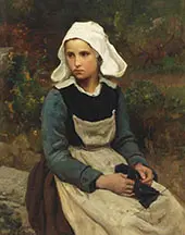 Young Brittany Girl Knitting By Jules Breton