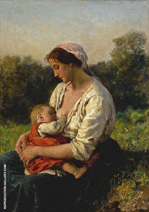 Young Mother Nursing her Child by Jules Breton | Oil Painting Reproduction