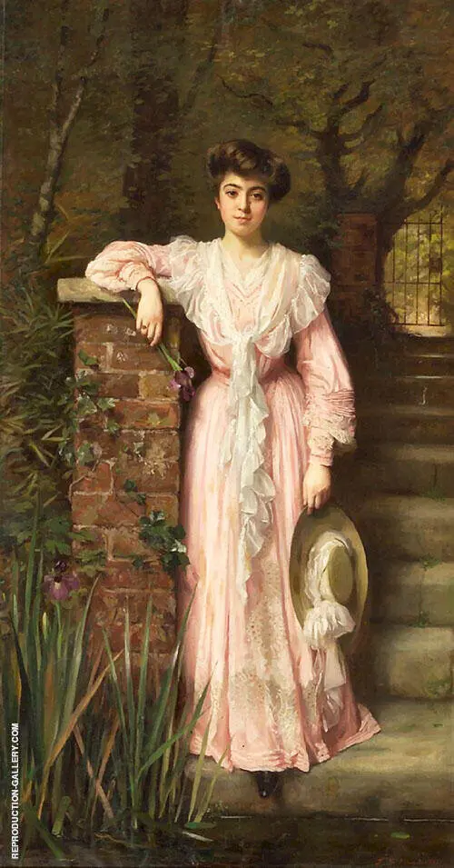 Portrait of a Lady in a Garden Wearing a Pink Dress Holding an Iris By Thomas Benjamin Kennington
