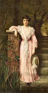 Portrait of a Lady in a Garden Wearing a Pink Dress Holding an Iris By Thomas Benjamin Kennington