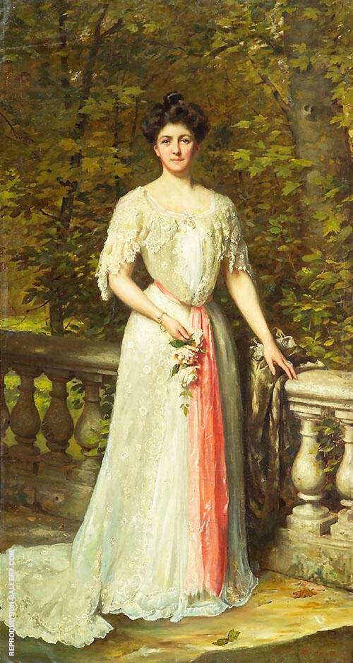 Portrait of a Lady in a White Dress with a Pink Sash by a Balustrade | Oil Painting Reproduction