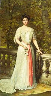 Portrait of a Lady in a White Dress with a Pink Sash by a Balustrade By Thomas Benjamin Kennington