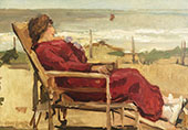 A lady in Red in a Beachchair, Scheveningen By Isaac Israels