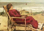 A lady in Red in a Beachchair, Scheveningen By Isaac Israels