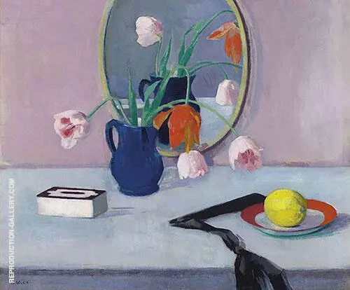 Still Life with Pink Tulips in a Blue Jar By Francis Campbell Boileau Cadell