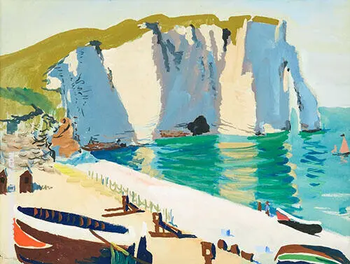 Coastal Scene with Rocks and Boats Etretat By Isaac Grunewald