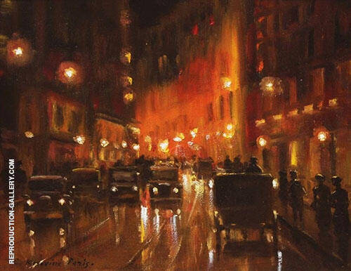 Street Scene at Night with Automobiles | Oil Painting Reproduction