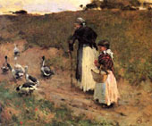 Old Woman with Child and Goose c1884 By Willard Leroy Metcalf